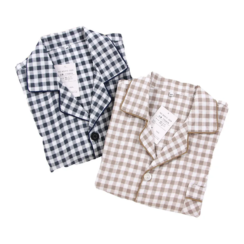 Пижама в клетку для мужчин и женщин двухслойная марлевая пижама из 100% хлопка с