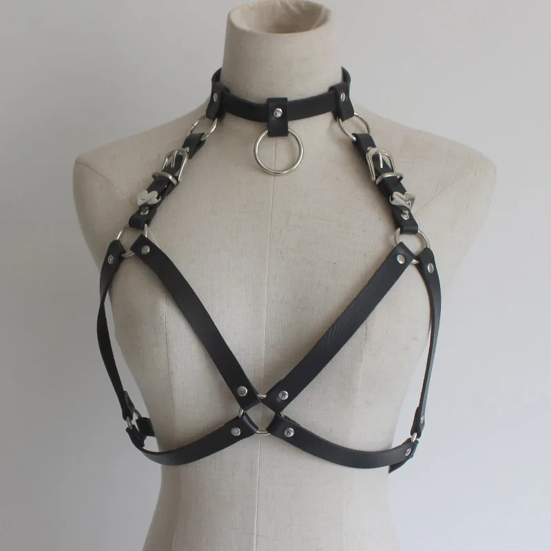 

NEW harness leather Bra body belts crop top metal hollow Adjust Cage bra choker Sexy body stocking Goth harajuku harness belt