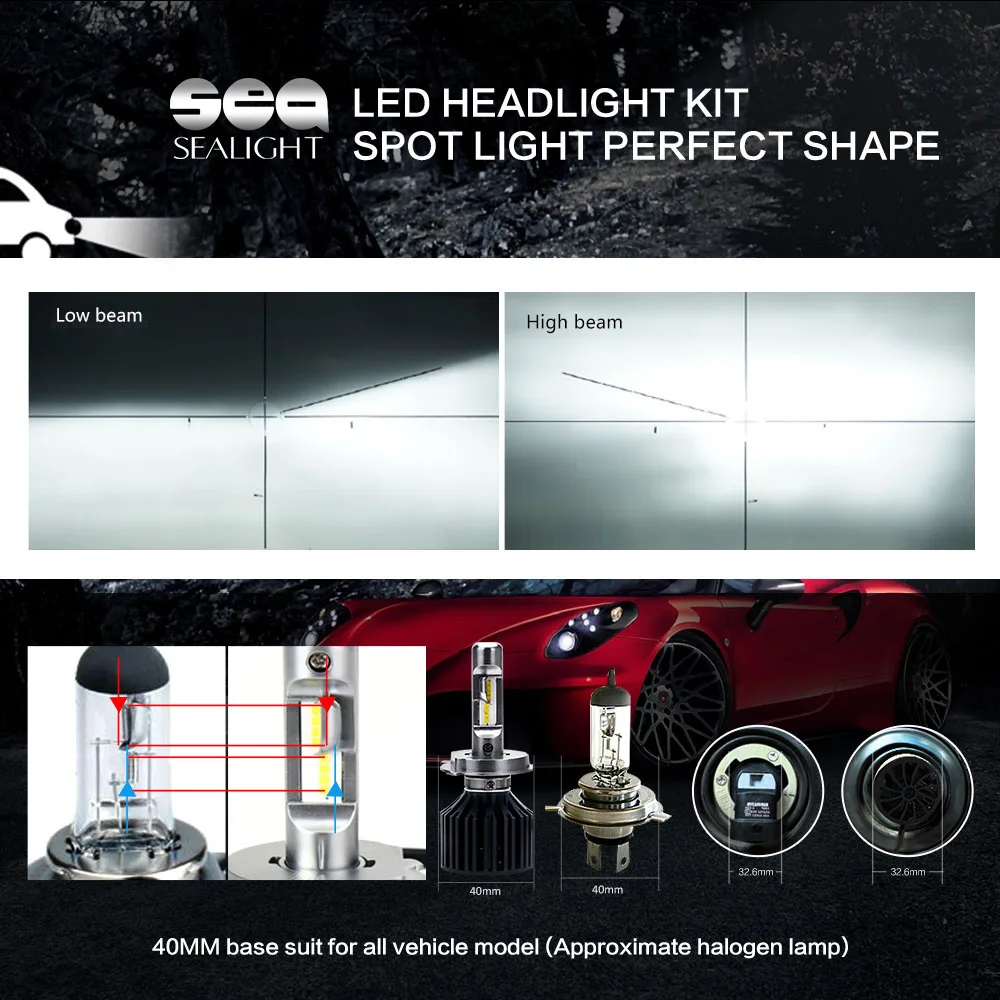 SEALIGHT H4/9003/HB2 LED Car Headlight Bulbs Styling 90W 12000LM Auto Headlamp Hi/Lo Beam Kit 6000k White | Автомобили и