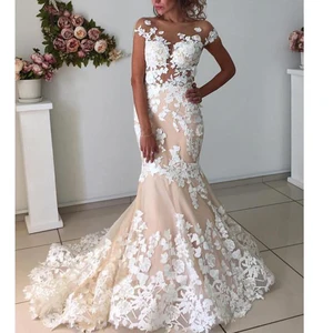 Beautiful Cheap China Long custom made white ivory nude lace mermaid Wedding Dresses Bridal Gowns with train vestido de noiva