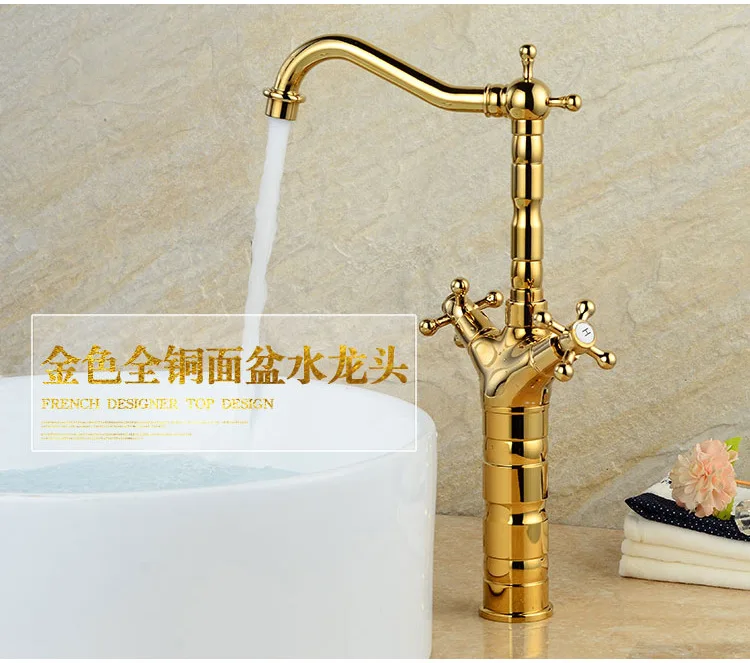 

Free shipping gold Bamboo shape dual Handle single hole basin water faucet Top deck mounted water mixer tap Dona 4017