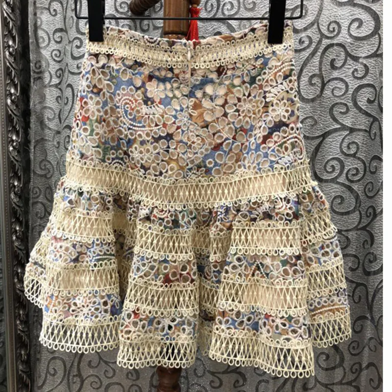 2018 fashion beach Embroidery lace skirts high waist mini hollow out floral women skirt | Женская одежда