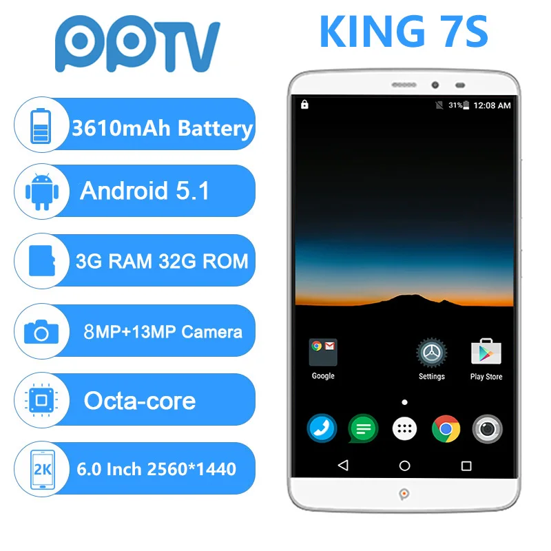 Оригинальный PPTV King 7S 4G 6 0 дюймов 3 ГБ 32 Octa Core 3610 мАч Android 5 1 IPS 2 5D 2k Экран Helio X10 музыка