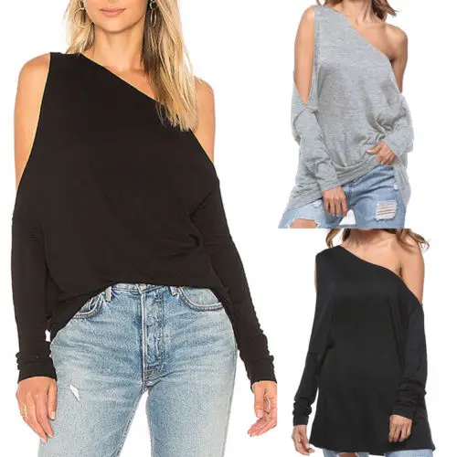 2018 Women Loose Long Sleeve Off Shoulder Solid Tops Casual Cotton T-Shirts Plus Size |