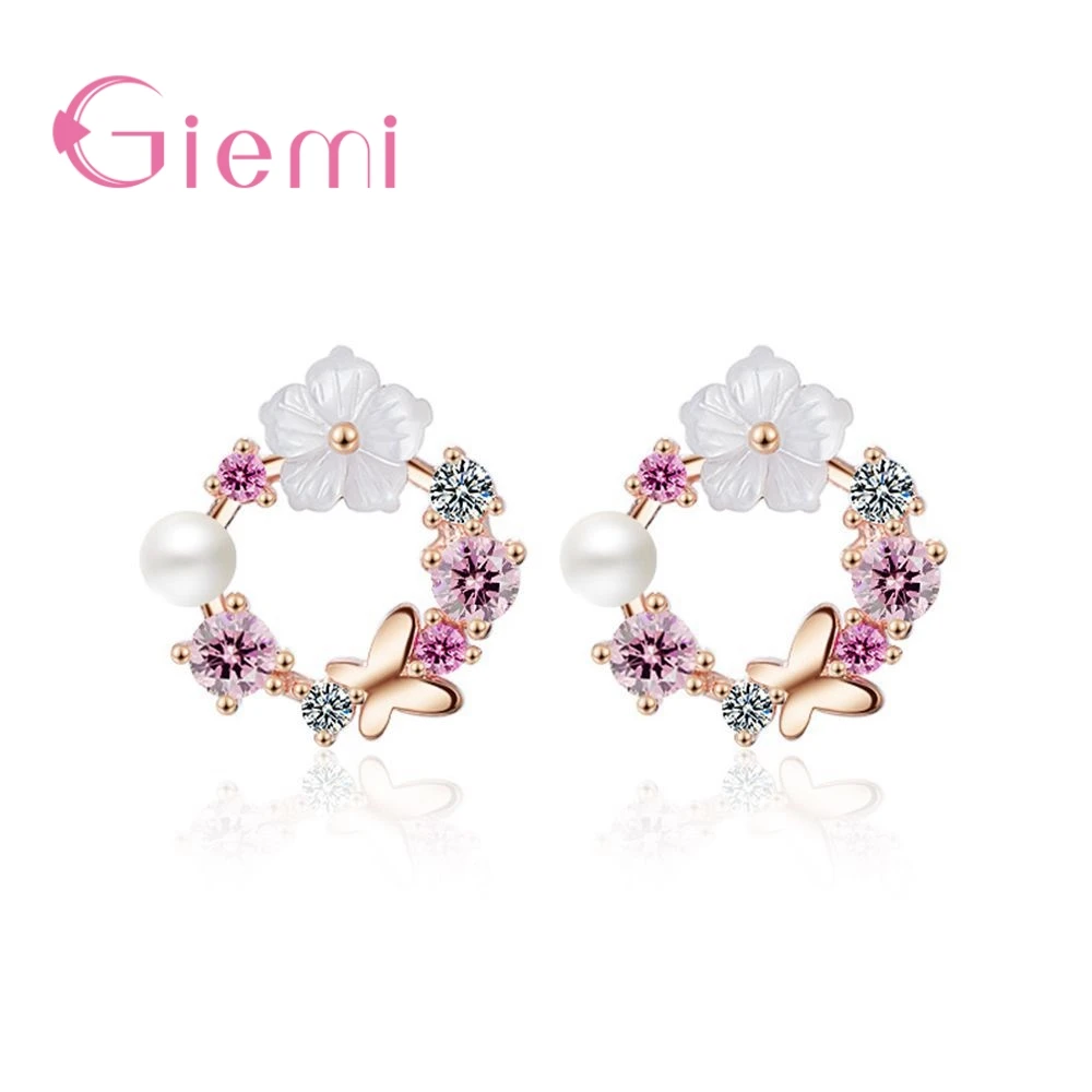 Real 925 Sterling Silver Earrings Pretty Butterfly Colorful Flowers+White Peal Cubic Zirconia Crystal Jewelry For Women