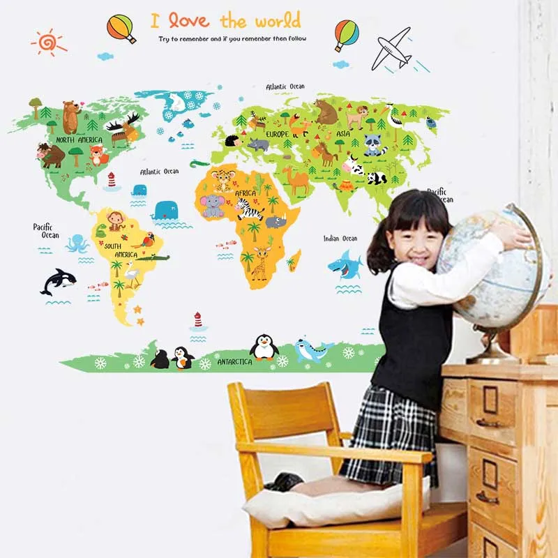 

Cartoon Safari Animals World Map Nursery Wall Stickers for Kids Room Decoration Letters Global Maps FPing