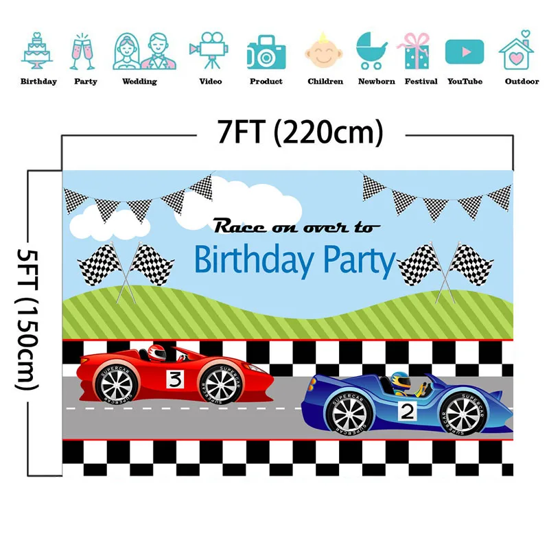 Фон для фотосъемки с надписью NeoBack Racing theme Boy Happy Birthday флагом красного и синего
