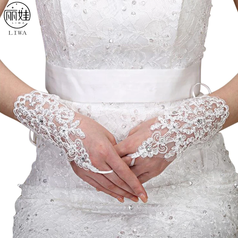 Sexy lantejoulas laço borda broca luvas de casamento sem dedos curto 2016 acessórios do casamento luvas de noiva