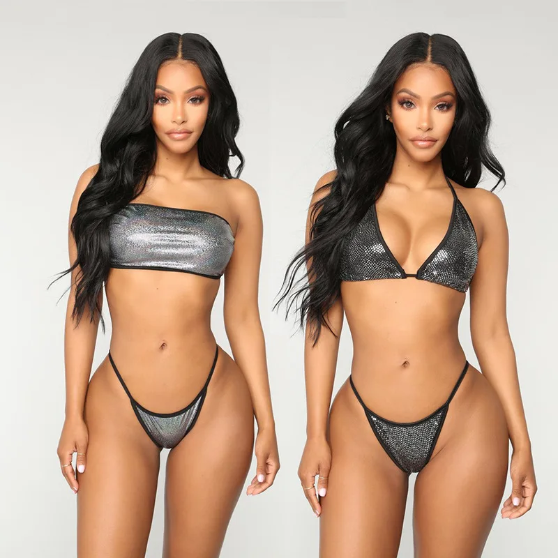 Новинка 2019 сексуальные блестящие купальные костюмы металлического цвета