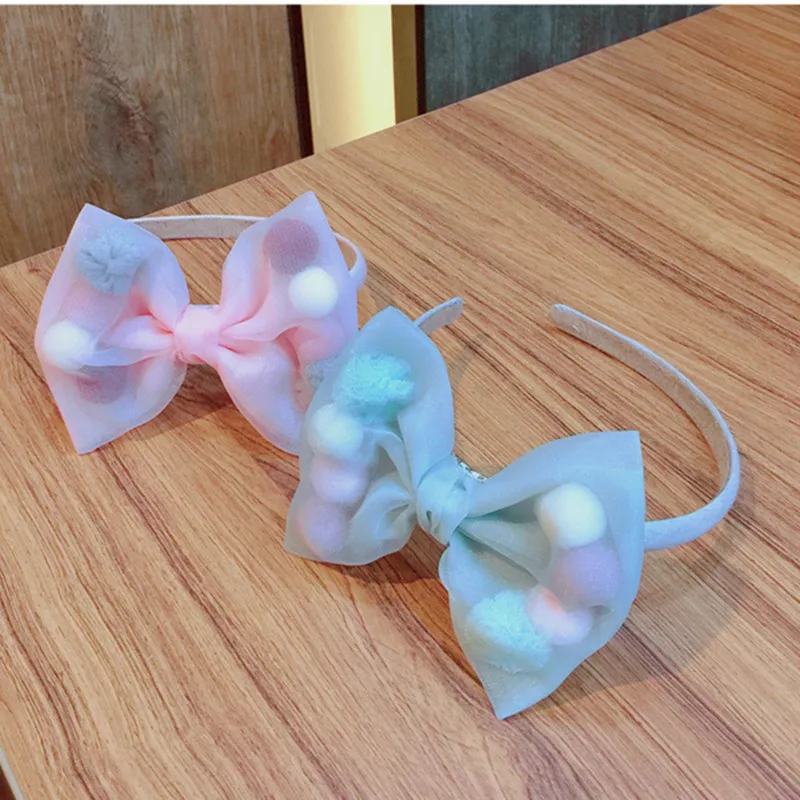 10 шт./лот большой бант марли сетка Hairbands органза волосы лук жесткое оголовье розовый бант с помпоном повязка на голову