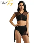 ChicTry, Женская Асимметричная балетная пачка, танцевальная одежда, Женский сетчатый укороченный топ с трико с юбкой, сценический костюмы для лирических танцев комплект