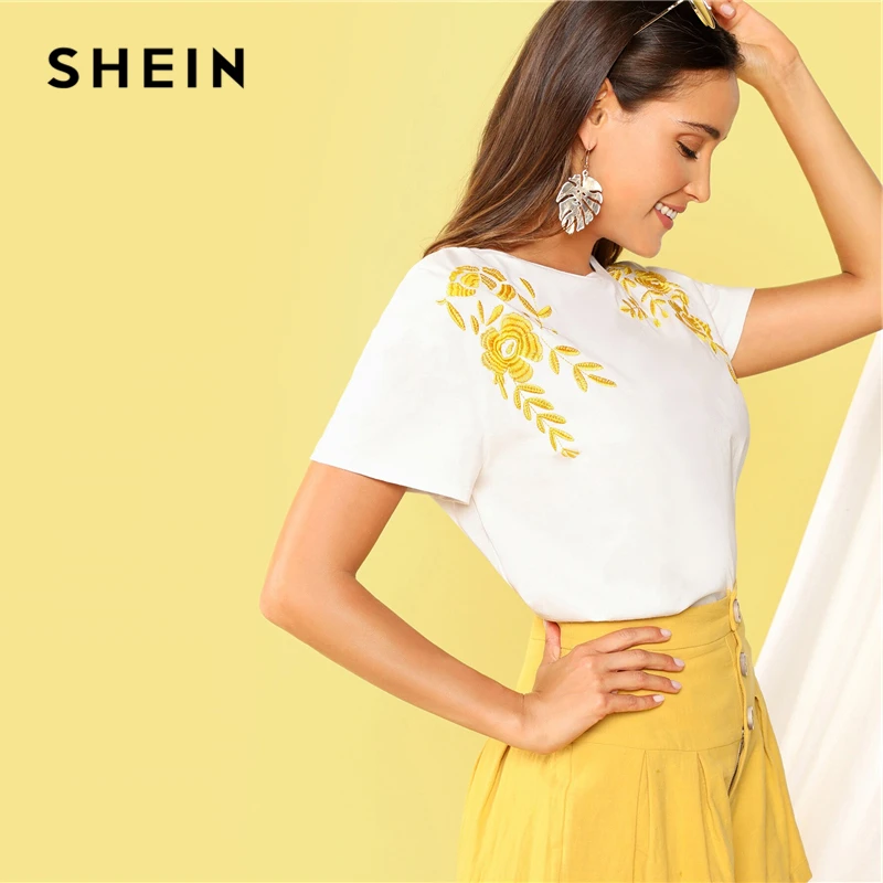 SHEIN, женская футболка с цветочной вышивкой,, эластичная летняя футболка с коротким рукавом, круглый вырез, белые летние топы