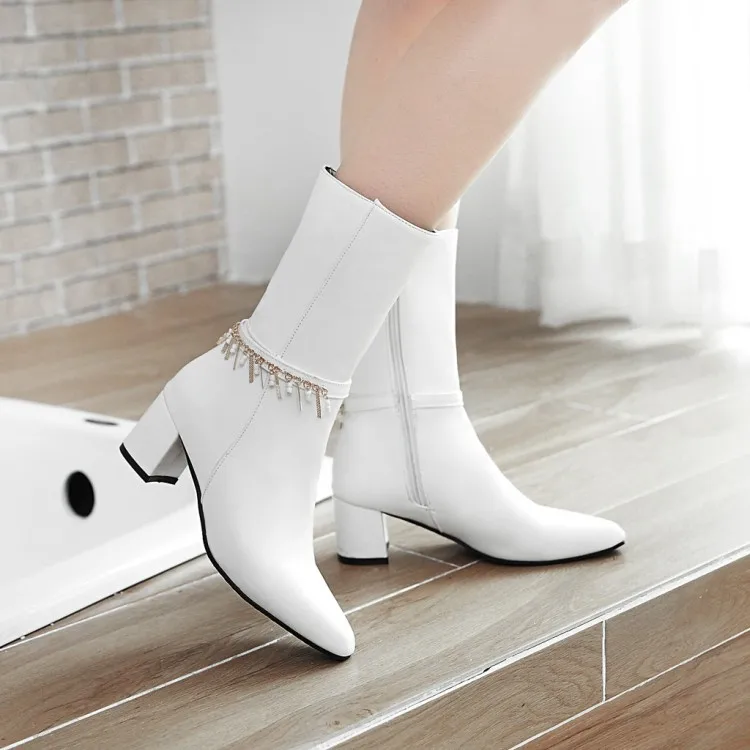 Большой размер женские полусапожки грубый каблук чистый цвет металлические