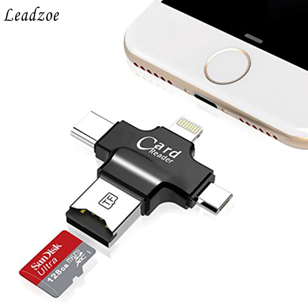 Кардридер Leadzoe 4 в 1 USB Type C Lightning Micro SD кардридер для iPhone iPad Smart адаптер чтения карт OTG
