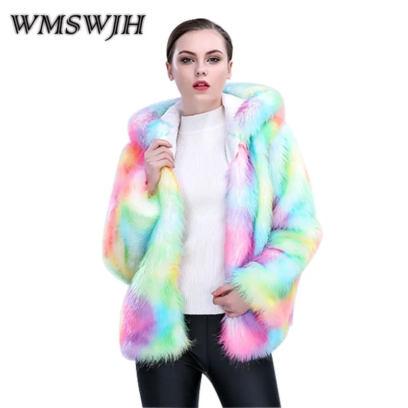 Wmswjh 2019 Новое Женское цветное пальто из искусственного лисьего меха с капюшоном