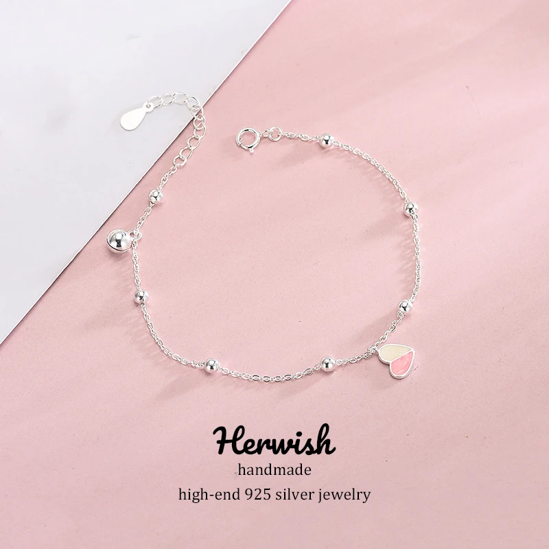 Pink heart Herwish розовое сердце 925 пробы серебряный браслет с колокольчиком Kawaii корейские ювелирные изделия для женщин Подарки дизайн коллекция леденцов - Окраска металла: Pink heart