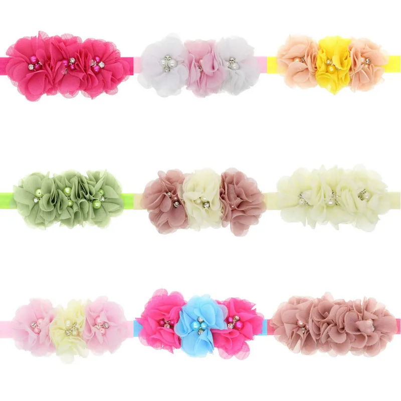 Cute Baby Girls Chiffon Flowers Beads Headbands Elastic Hair Headwear Infants Fashion Decorative Party Accessories | Детская одежда и