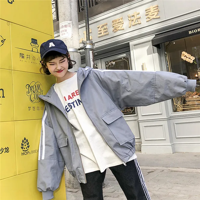 SexeMara, размеры s, m, l, xl, крутая Весенняя модная женская Свободная куртка в полоску, розовые топы на молнии с длинными рукавами и капюшоном, бейсбольная куртка, Femenino