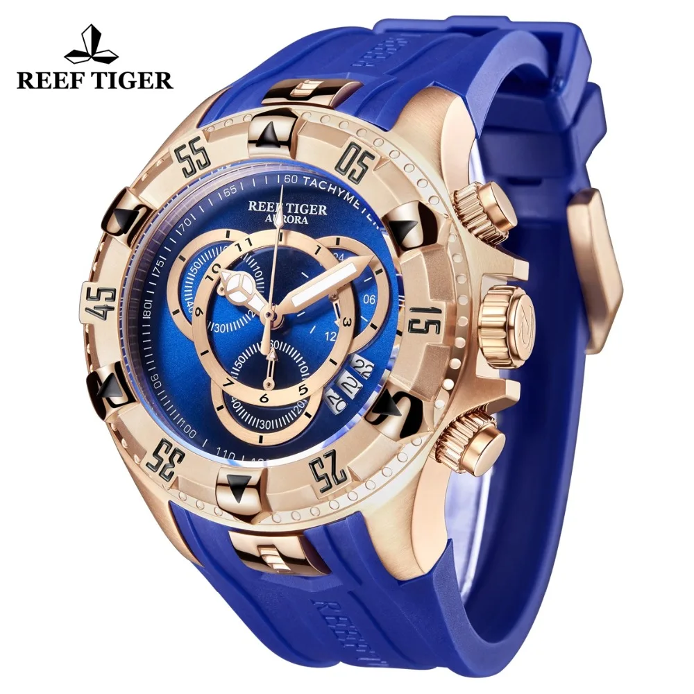 Мужские спортивные часы Reef Tiger/RT розовое золото синий цвет модные с резиновым
