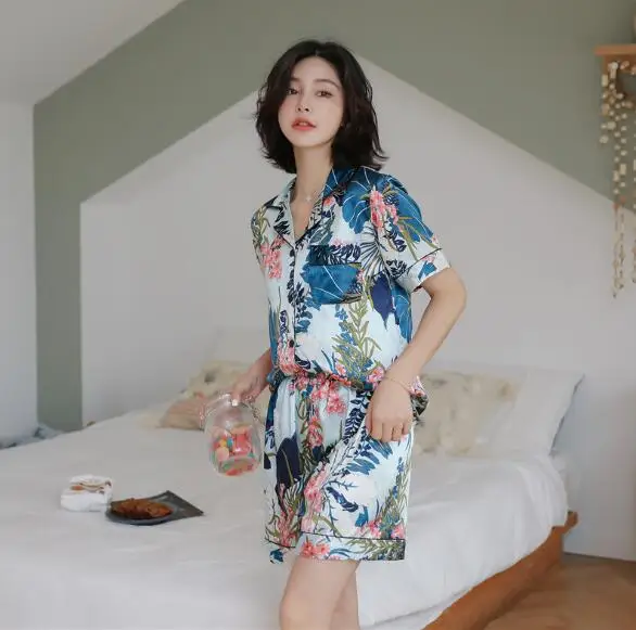 Женская атласная пижама с коротким рукавом летняя Пижама модным принтом