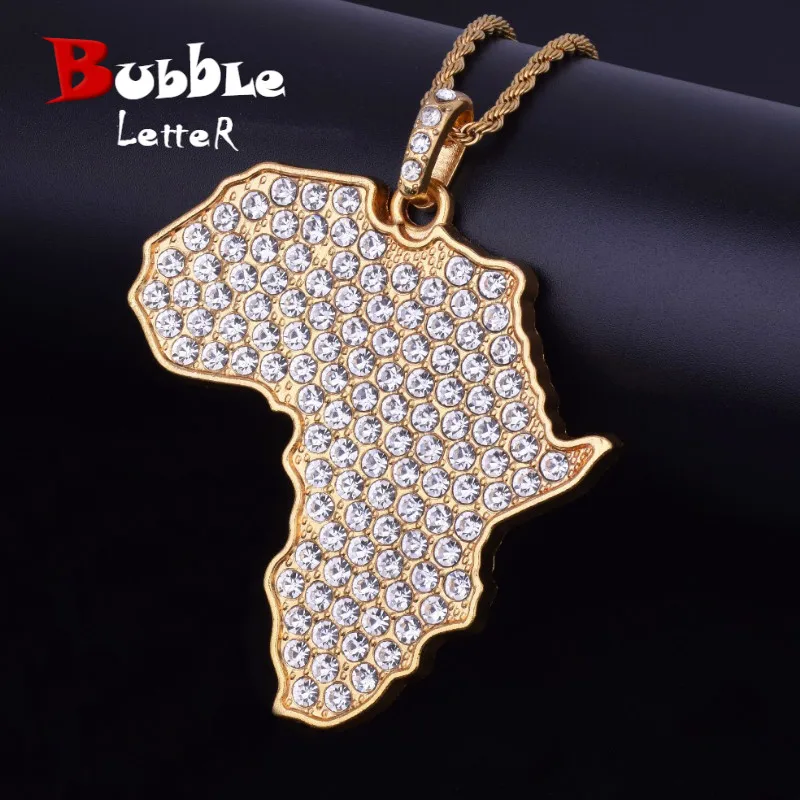 Африканский географические карты цепочки и ожерелья Bling Украшенные стразами Золото Цвет хип хоп кулон цепи для мужчин/для женщи