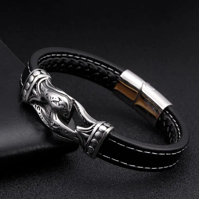 

Male Vintage Diy Braided Charm Cuff Bracelets Unique Stainless Steel Genuine Leather Bracelets & Bangles Men Jewelry