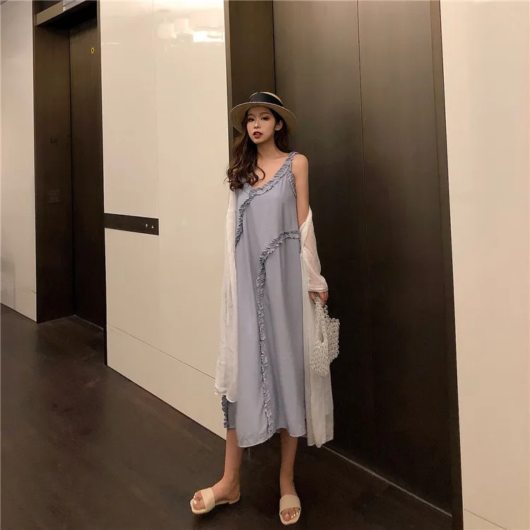 2 colors Summer long Dress 2019 korean vintage style Women Sexy solid color ruffles Spaghetti Strap Womens (t6389) | Женская одежда