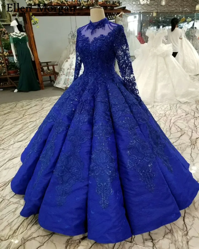 Royal Blue Long Sleeves Wedding Dresses 2019 for Women Lace up High Neck Floor Length Lace Pearls Ball Gowns Puffy Bridal Gowns