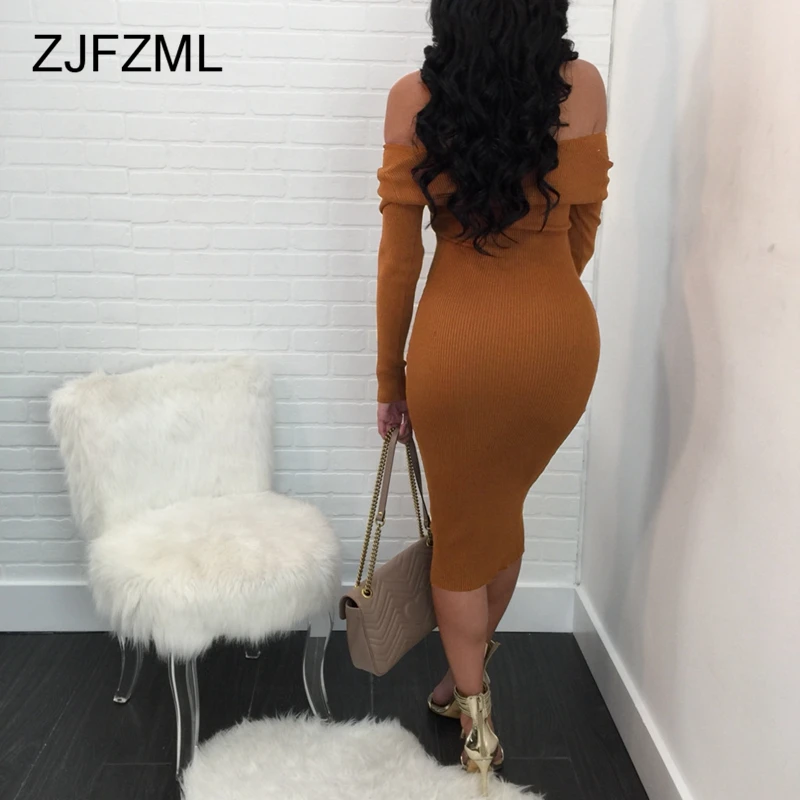 ZJFZML Women Sweater Dress Sexy Off Shoulder Midi Bandage Winter Kintted Full Sleeve Lace Up Slim Causal Club Vestidos | Женская одежда