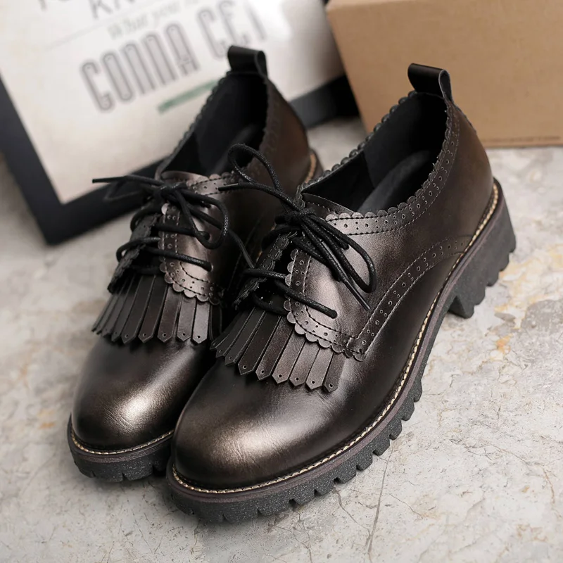 Женские туфли оксфорды на шнурках Teahoo Кожаные броги с кисточками и закругленным