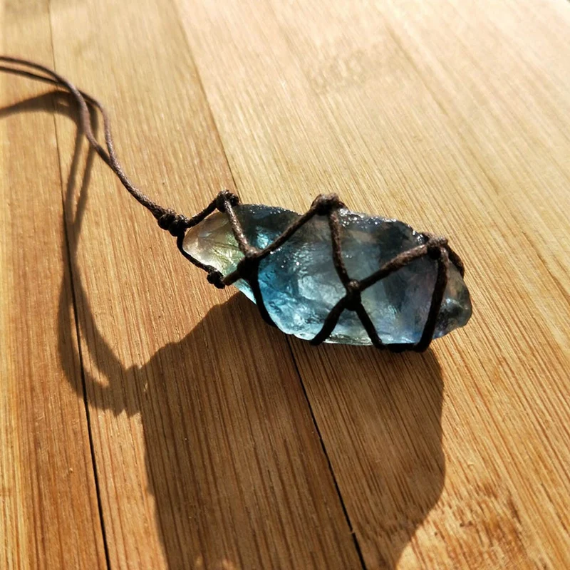 Natural Quartz Crystal Stone Blue-Green Fluorite Treatment Ornament Pendant With Hand-Woven Braided Ro | Украшения и аксессуары
