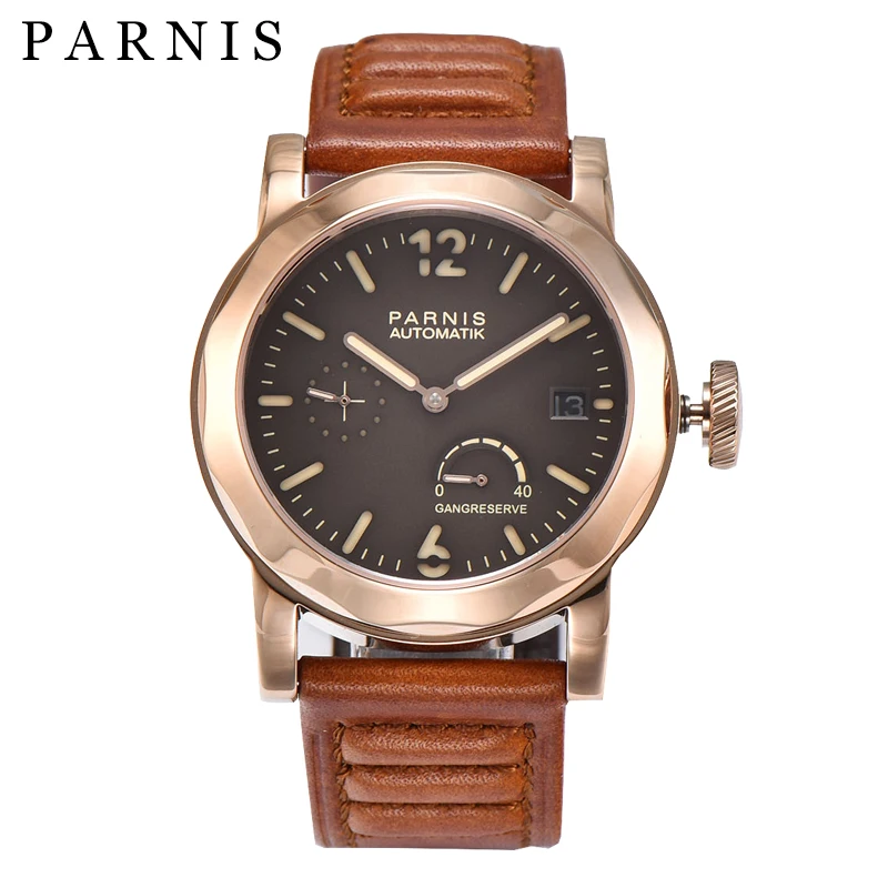 

Новинка, мужские механические часы Parnis с чехлом из розового золота 43 мм, автоматические Роскошные водонепроницаемые наручные часы с резерв...