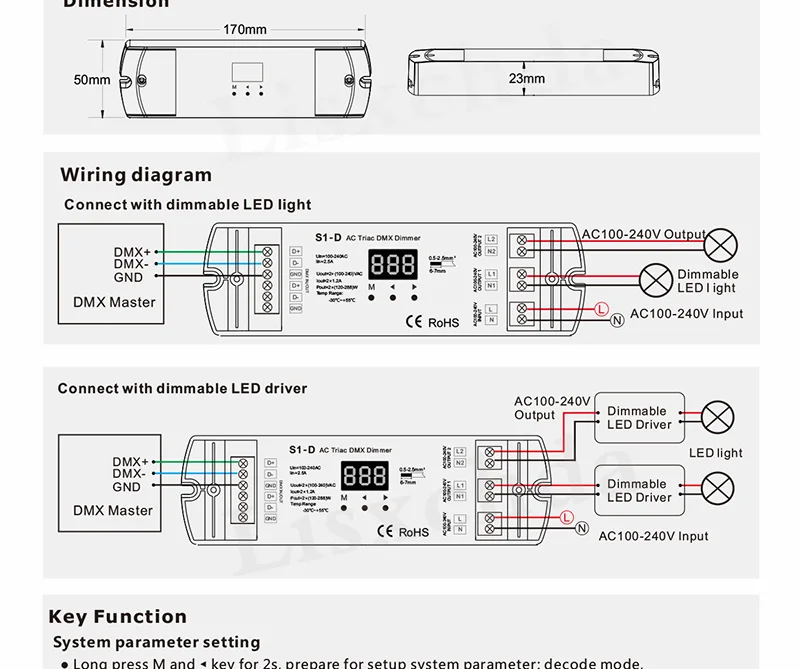 S1-D AC100-240V 288 Вт 2 канала Triac DMX диммер, двухканальный выход кремния DMX 512 контроллер