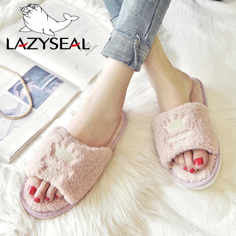 LazySeal/зимние домашние тапочки Женская обувь Женские шлепанцы на меху теплая с