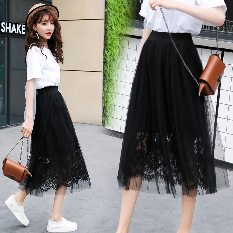 Fashion Midi Summer Skirts 2018 Solid Ankle-length Lace Empire Mesh Pleated Promotion Special Offer Skirt | Женская одежда