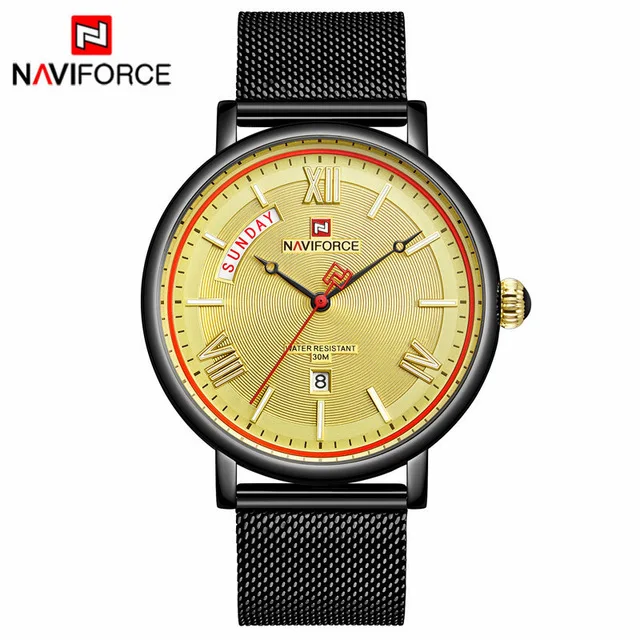Бренд NAVIFORCE, мужские модные спортивные часы, мужские водонепроницаемые кварцевые повседневные наручные часы из нержавеющей стали - Цвет: Золотой