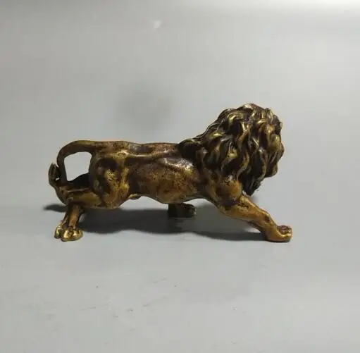 Китайская архаизированная маленькая статуя льва из чистой латуни #3