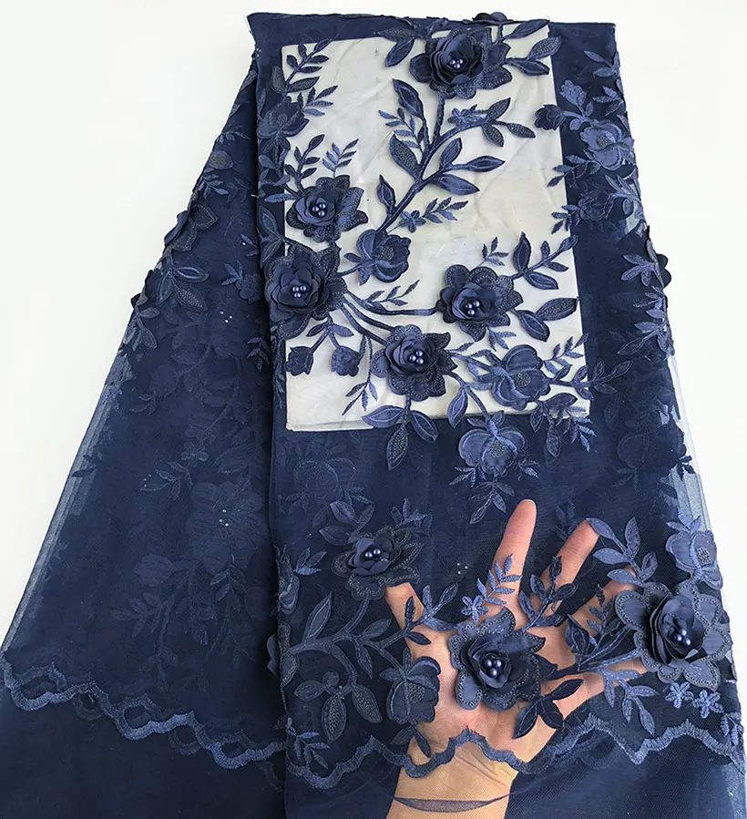 Navy blue 5 ярдов классическая Темно-синяя французская кружевная однотонная Тюлевая кружевная африканская швейцарская ткань с 3D аппликацией цветок бусинки блестки высокого качества - Цвет: Navy blue