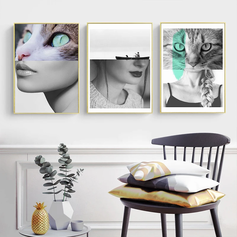 Nordic Sexy Fashion Woman with Cats Abstract Art Combine Canvas Painting Poster Print Picture Wall Living Room Bedroom Home Deco | Дом и сад