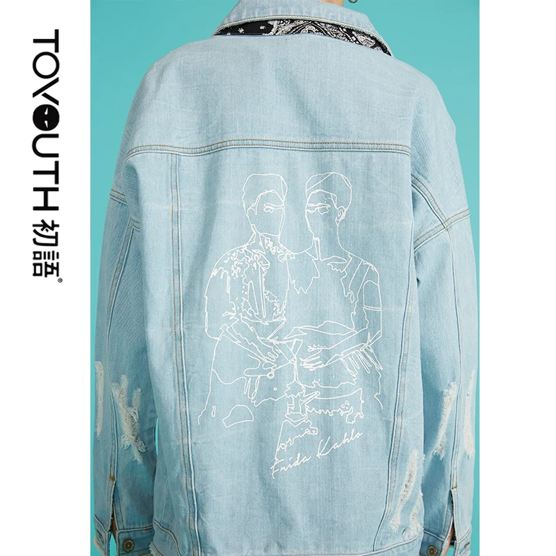 Toyouth New Autumn Loose Kroean Denim Jacket Women Long Sleeve Fashion Printed Jean Jackets Loose Womens Coat Chaquetas Mujer