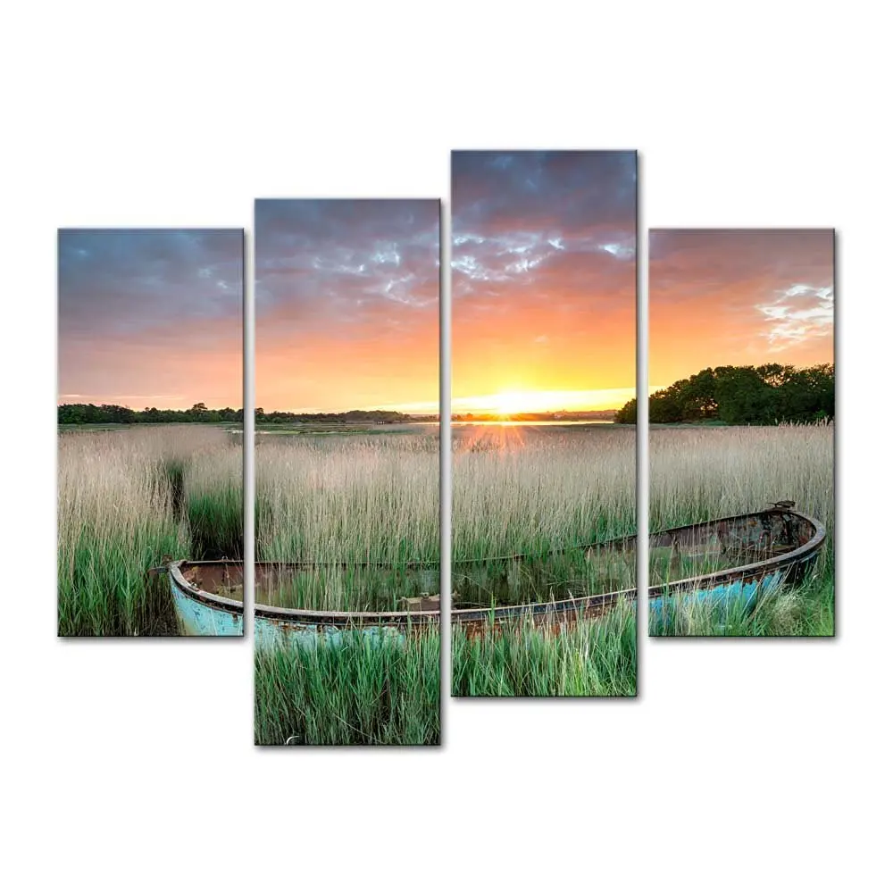 4 панели холст настенное искусство закат лодка живопись домашний декор