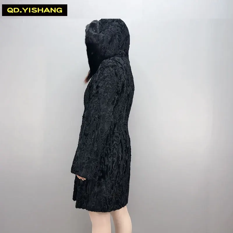 Натуральное меховое пальто Karakul, меховое пальто с капюшоном, длинное женское зимнее пальто QD. YISHANG