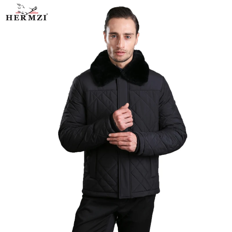 HERMZI 2022 New Winter Jacket Men Padded Jacket Coat Cotton Black Winter Coat Rex Rabbit Fur European Size Winter Clothes Men