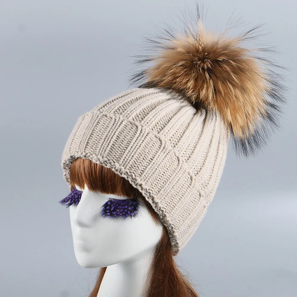 Шапка с помпонами из меха норки и лисы зимняя женская шапка вязаная шерстяная для