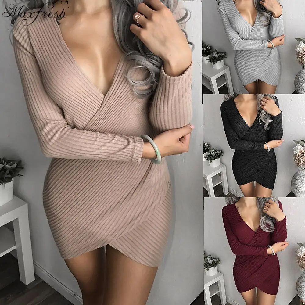 Maxfresh элегантный v образным вырезом bodycon платье Тонкий Длинные рукава Вечеринка