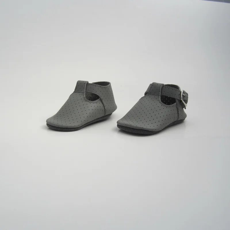 Серый отверстия Geninue кожа t-бар детские мокасины | Первая обувь
