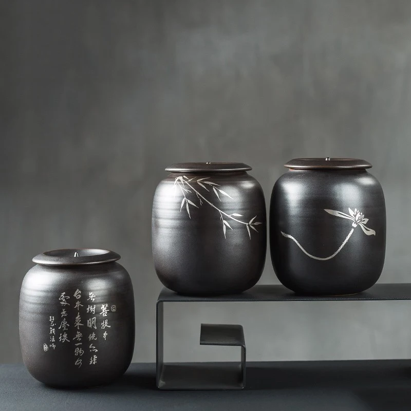 

Japanese Style Black Coarse Pottery Tea Cans Vintage Silver Painted Tea Caddy Spice Jar Storage Bottles Ceramic Kung Fu Tea Set