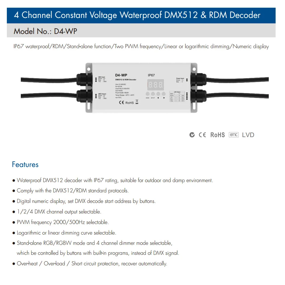 4 канальный DMX 512 RDM декодер водонепроницаемый IP67 DC 12V 24V 36V цифровой дисплей RGBW