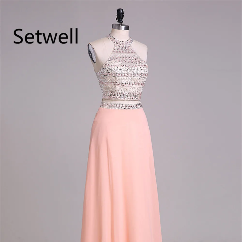 

Setwell Two Pieces Prom Dresses 2017 Sequin Halter Backless Pink Prom Dress Charming Summer Chiffon Evening Gowns