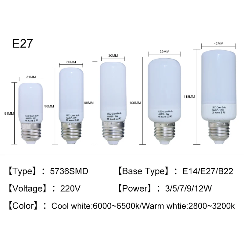 Светодиодный светильник 3 Вт 5 7 9 12 220 В E14 E27 B22 SMD 5736|Светодиодные лампы и трубки| |